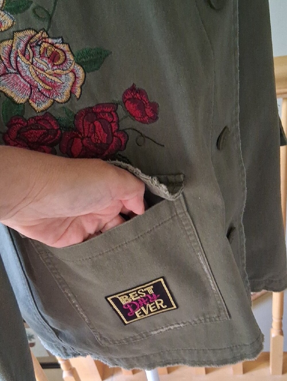 Maurices Olive Green Utility Jacket with Floral Embroidery And ACDC Design - Picture 3 of 16